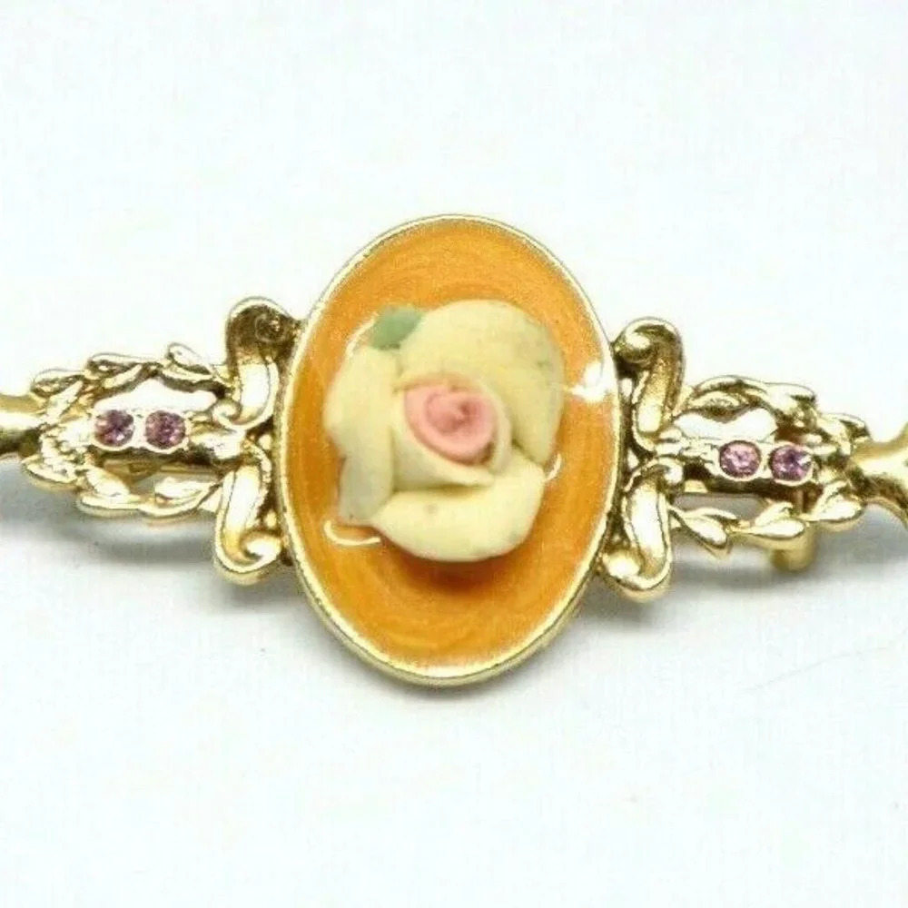 1928 Gold Toned Pink Flower Porcelain Pin Brooch